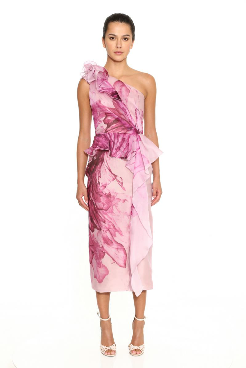 Marchesa Couture One Shoulder Printed Organza Midi Dress - District 5  Boutique